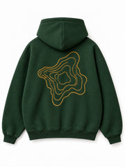 Back view of the Contour Stitch forest green embroidered boxy hoodie with a large gold topographic contour motif