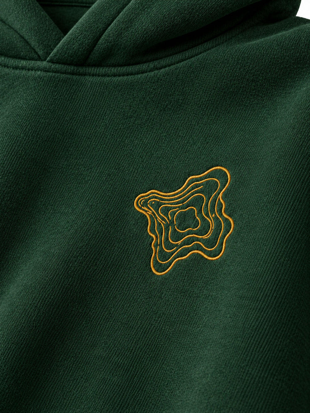 Close-up of the embroidered decoration on the Contour Stitch forest green embroidered boxy hoodie