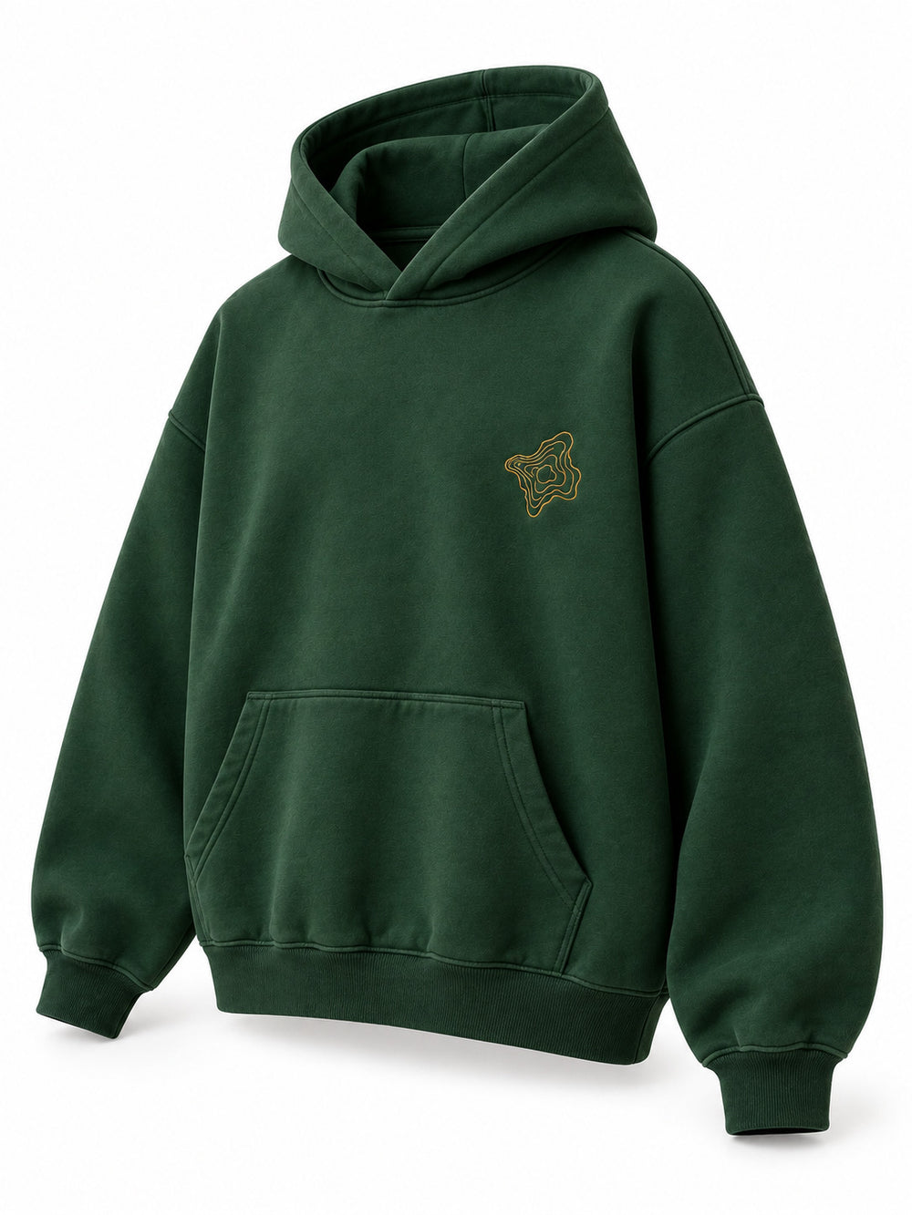 Front three-quarter view of the Contour Stitch forest green embroidered boxy hoodie