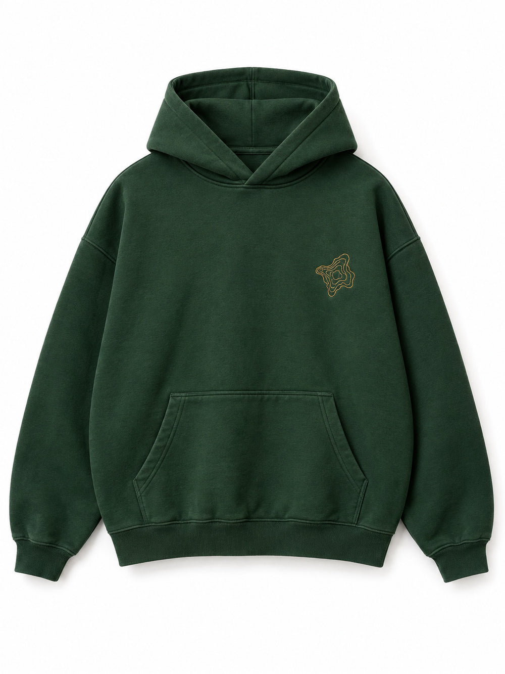 Front view of the Contour Stitch forest green embroidered boxy hoodie with small gold contour-line embroidery at the left chest