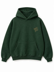 Front view of the Contour Stitch forest green embroidered boxy hoodie with small gold contour-line embroidery at the left chest