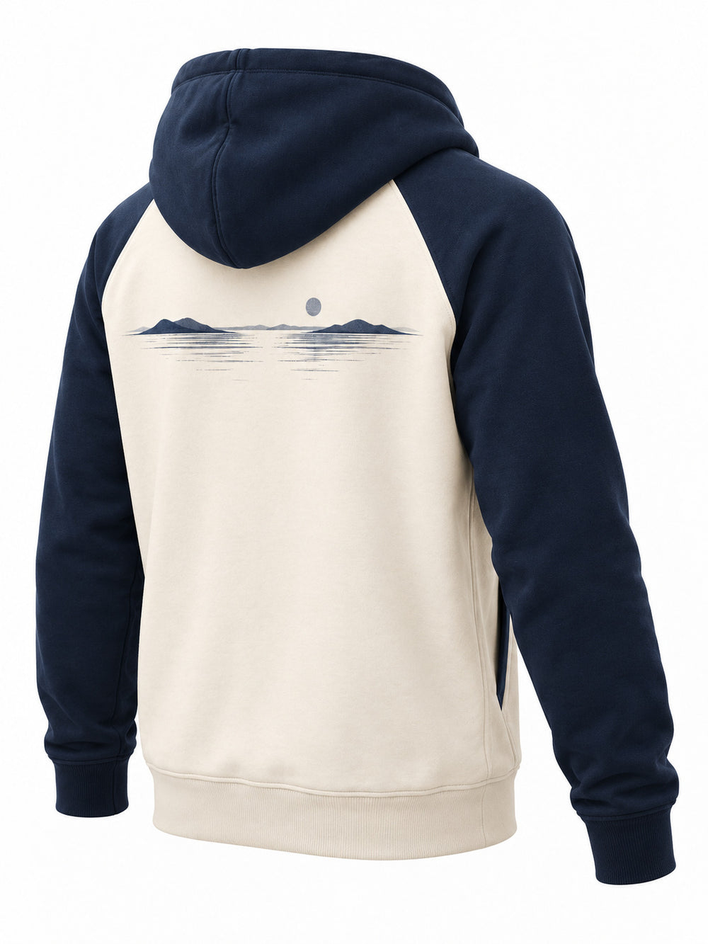 Rear three-quarter view of the Contrast Line ivory and navy embroidered zip-up hoodie