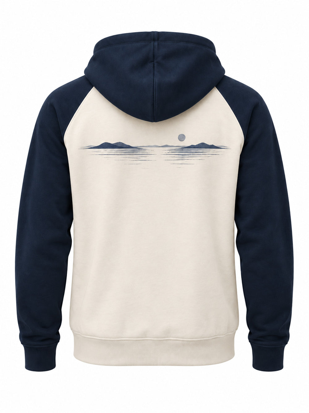 Back view of the Contrast Line ivory and navy embroidered zip-up hoodie with navy LINE lettering with a subtle horizon print below the hood