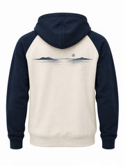 Back view of the Contrast Line ivory and navy embroidered zip-up hoodie with navy LINE lettering with a subtle horizon print below the hood