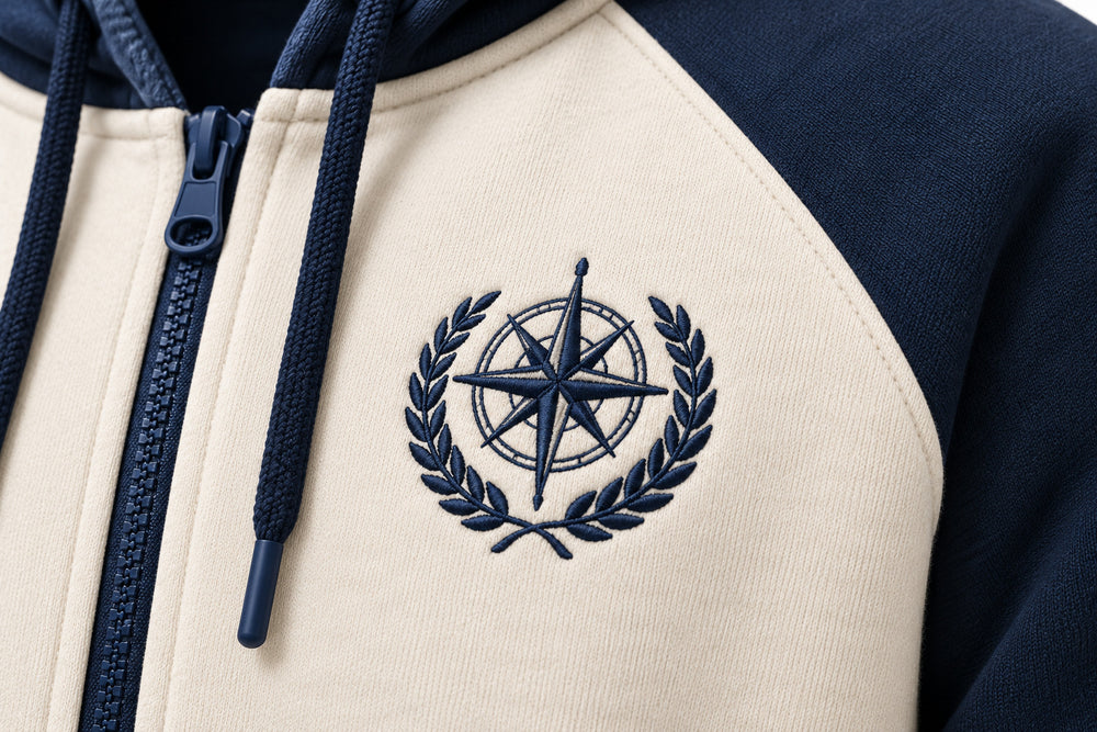 Close-up of the embroidered decoration on the Contrast Line ivory and navy embroidered zip-up hoodie