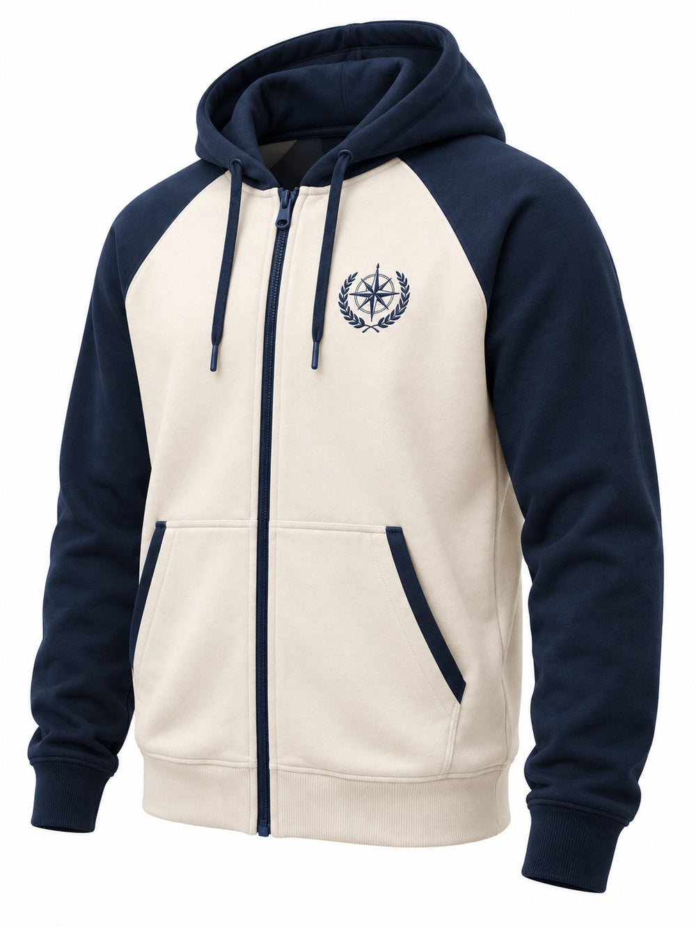 Front three-quarter view of the Contrast Line ivory and navy embroidered zip-up hoodie