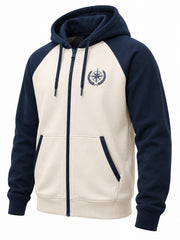 Front three-quarter view of the Contrast Line ivory and navy embroidered zip-up hoodie