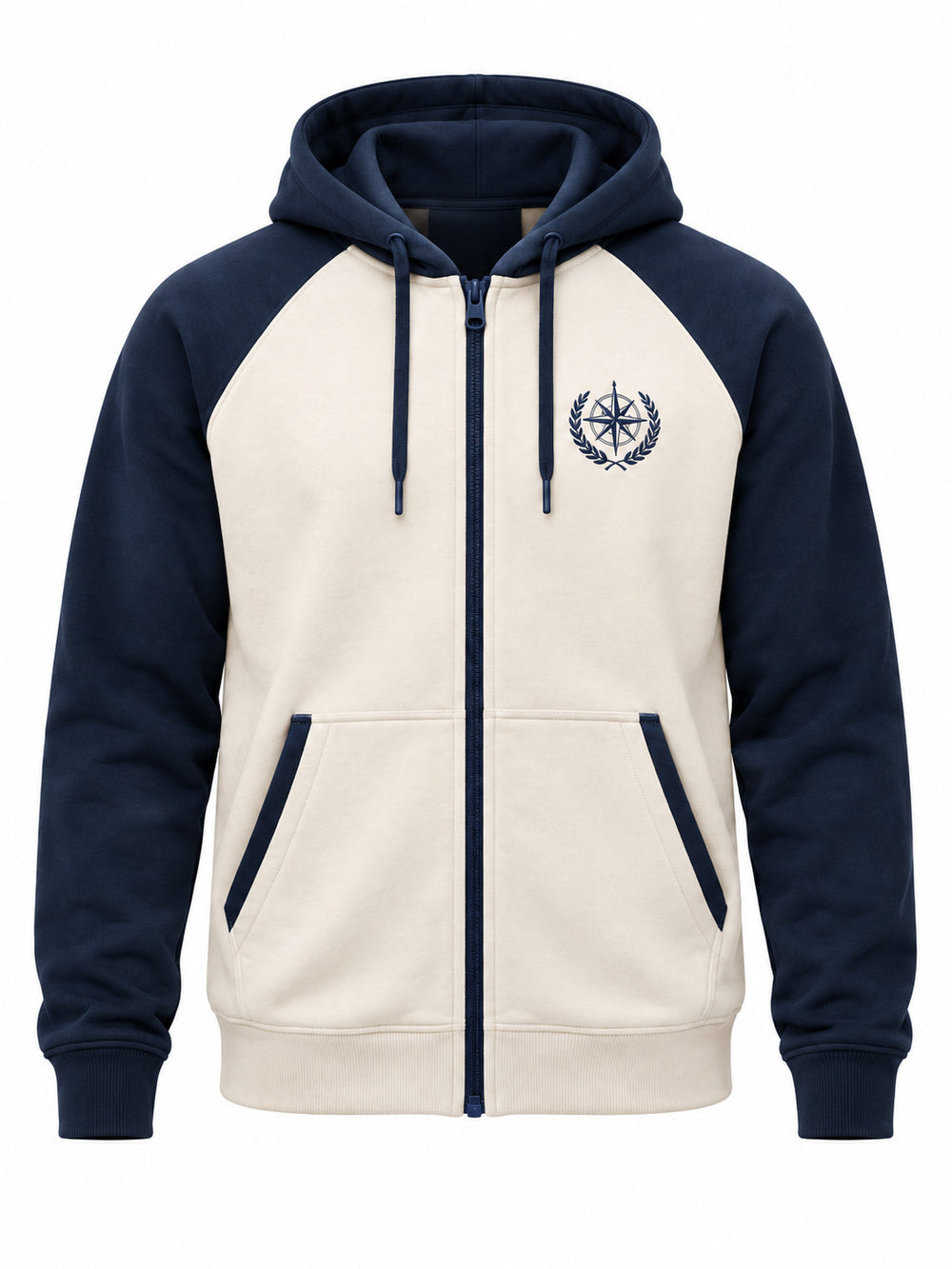 Front view of the Contrast Line ivory and navy embroidered zip-up hoodie with small navy line-art crest embroidered on the left chest