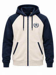 Front view of the Contrast Line ivory and navy embroidered zip-up hoodie with small navy line-art crest embroidered on the left chest