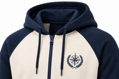 Close-up of the hood and neckline of the Contrast Line ivory and navy embroidered zip-up hoodie