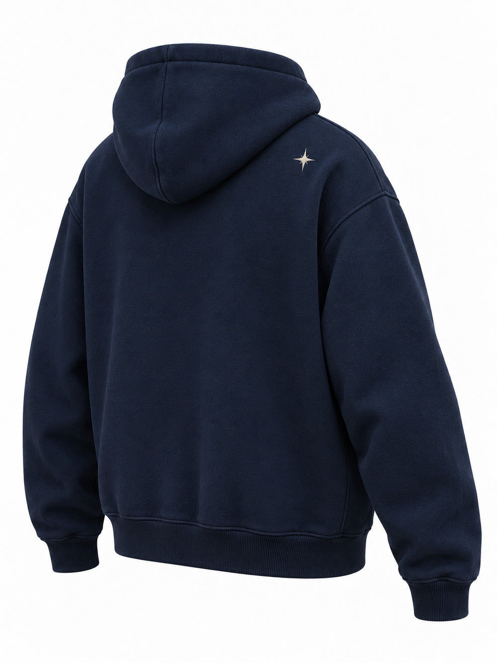 Rear three-quarter view of the Crescent Studio midnight navy embroidered boxy hoodie