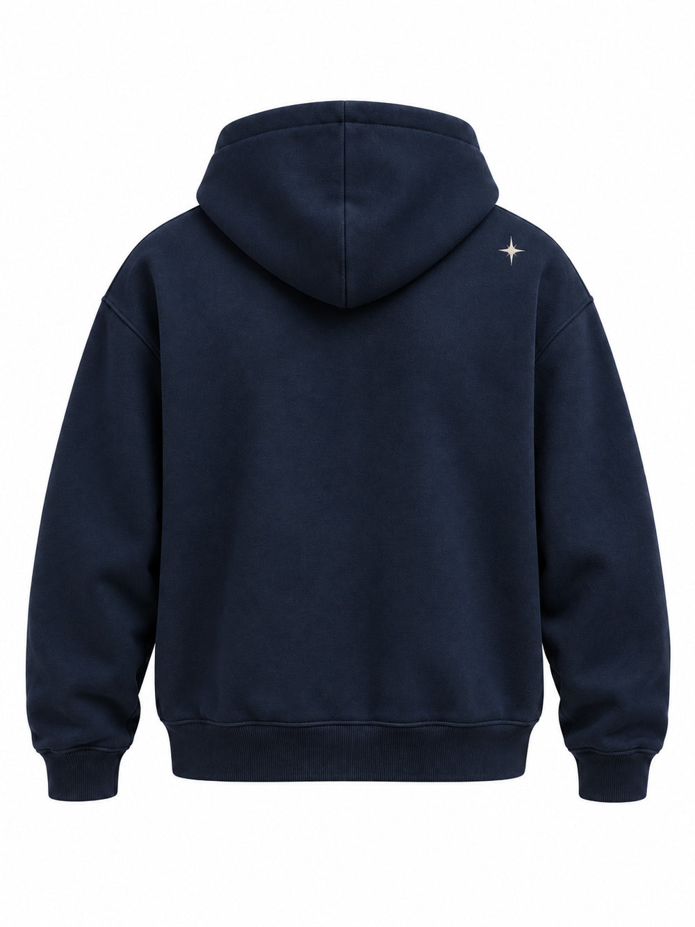 Back view of the Crescent Studio midnight navy embroidered boxy hoodie with one tiny matching star at the right shoulder