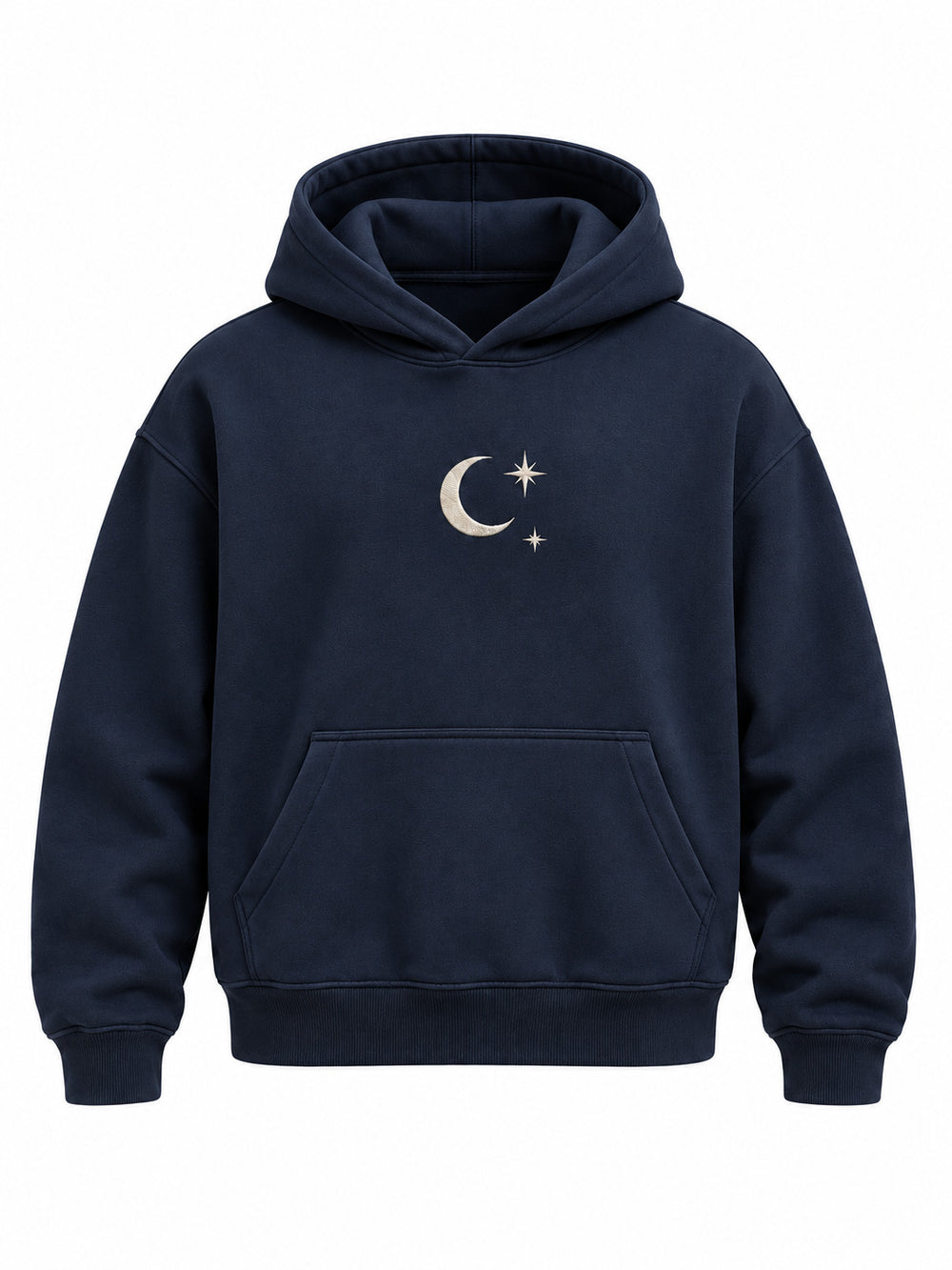 Front view of the Crescent Studio midnight navy embroidered boxy hoodie with ivory crescent moon and two stars embroidered at the center chest