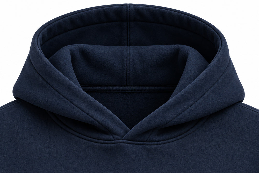 Close-up of the hood and neckline of the Crescent Studio midnight navy embroidered boxy hoodie