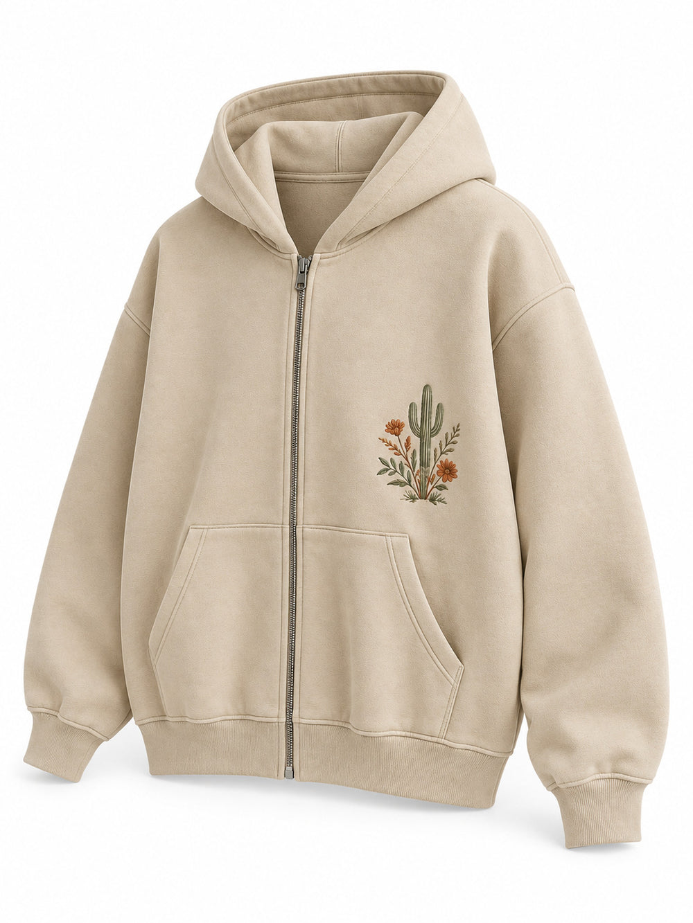 Front three-quarter view of the Desert Bloom sand embroidered zip-up hoodie