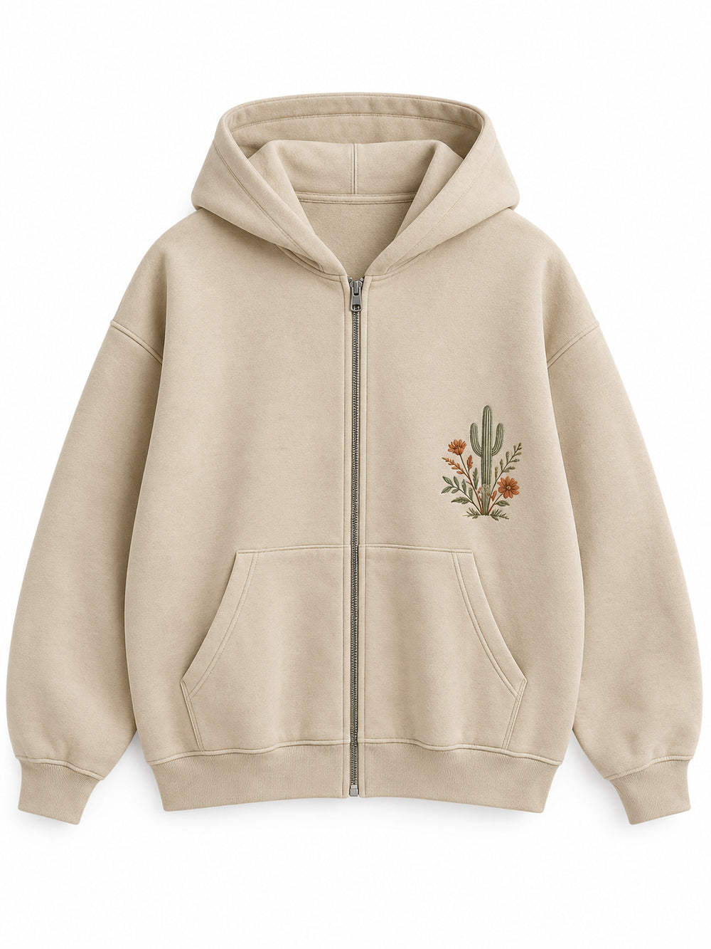 Front view of the Desert Bloom sand embroidered zip-up hoodie with a compact cactus and flower embroidery at the left pocket