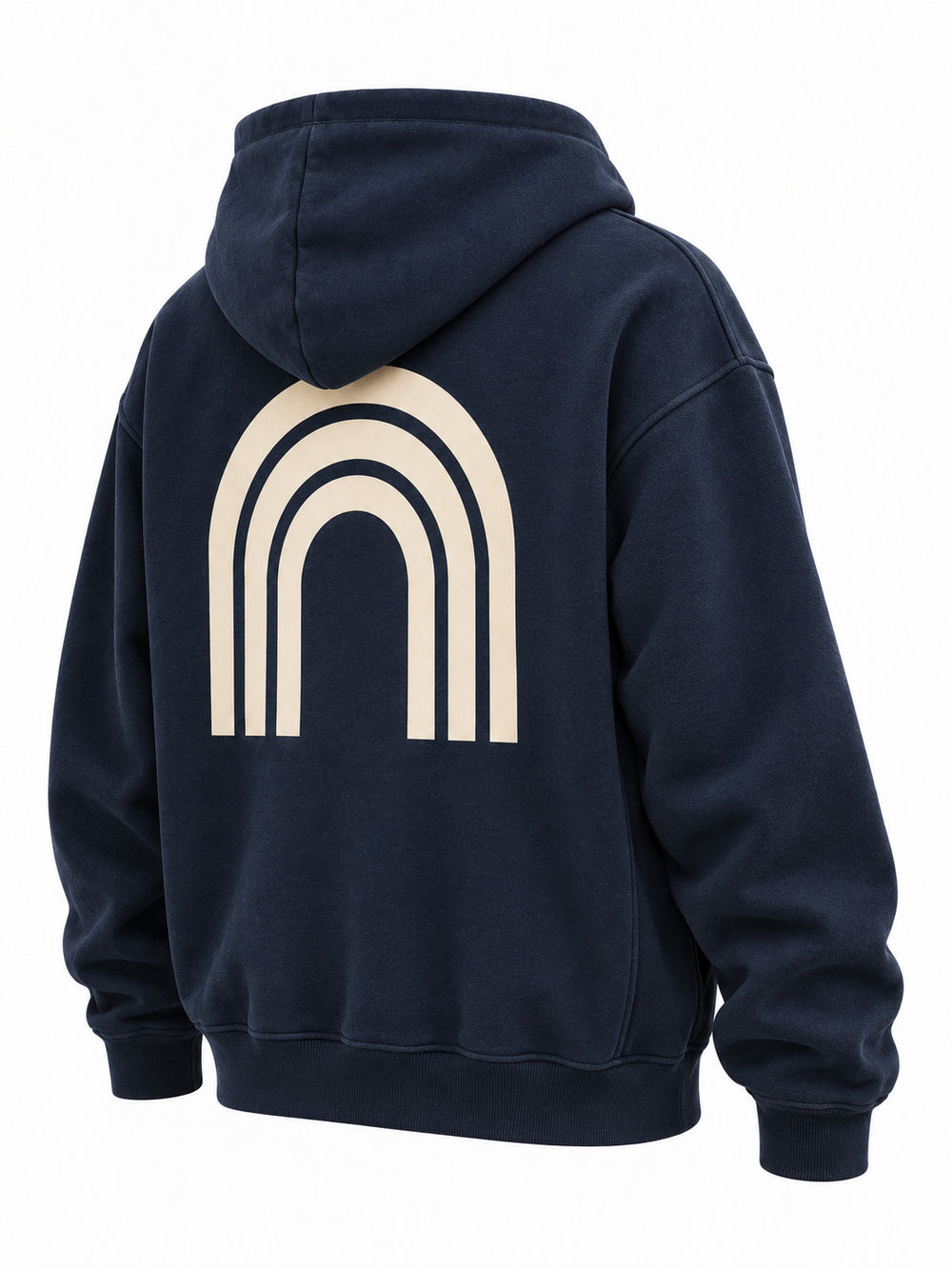 Rear three-quarter view of the Double Zip Arc navy embroidered boxy zip-up hoodie