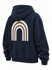 Rear three-quarter view of the Double Zip Arc navy embroidered boxy zip-up hoodie