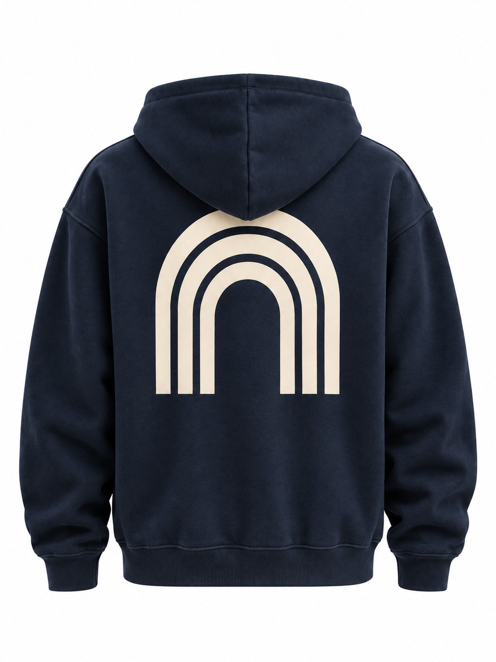 Back view of the Double Zip Arc navy embroidered boxy zip-up hoodie with large cream ARC arch print