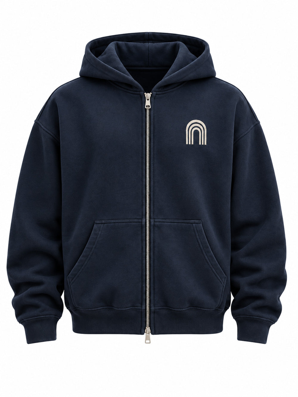 Front view of the Double Zip Arc navy embroidered boxy zip-up hoodie with cream embroidered arch emblem on the left chest