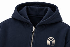 Close-up of the hood and neckline of the Double Zip Arc navy embroidered boxy zip-up hoodie