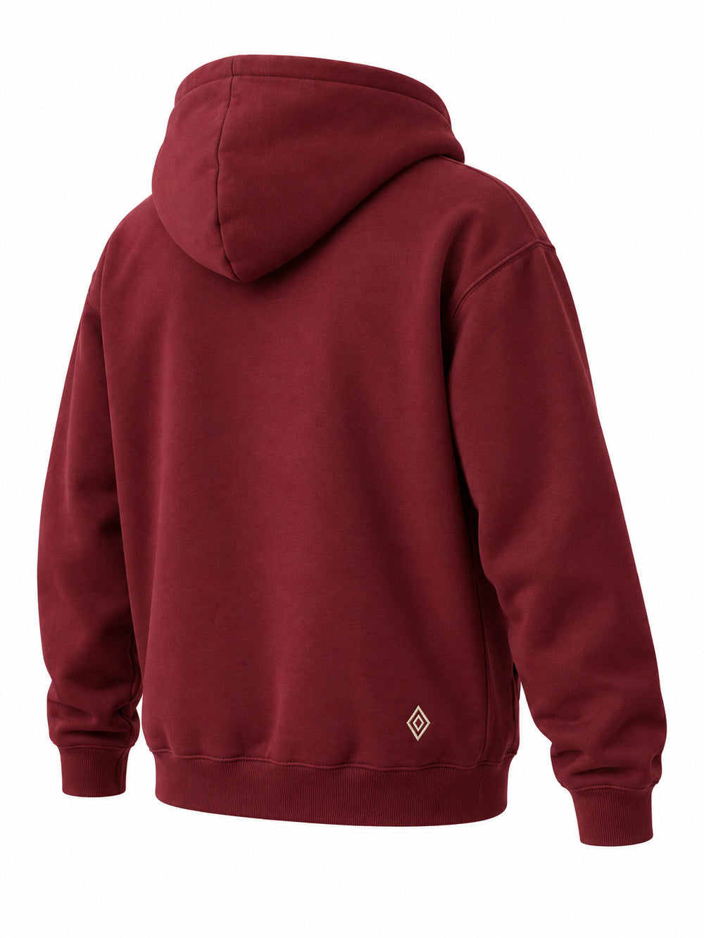 Rear three-quarter view of the Field Service burgundy embroidered hoodie