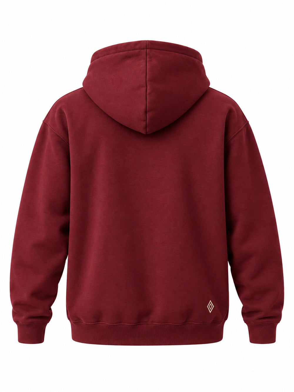 Back view of the Field Service burgundy embroidered hoodie with small cream diamond embroidered near the hem