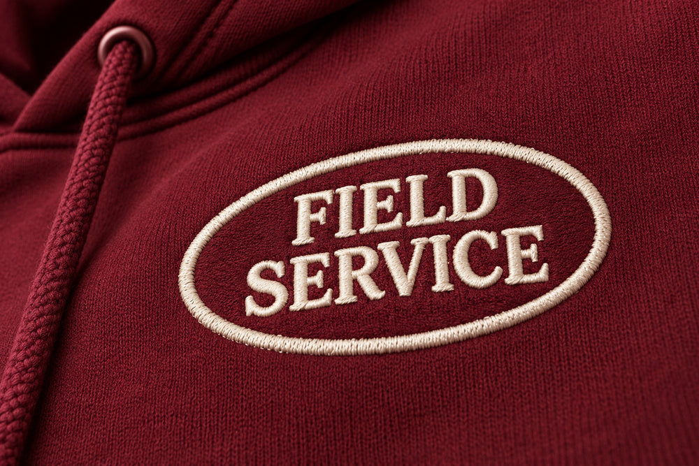Close-up of the embroidered decoration on the Field Service burgundy embroidered hoodie