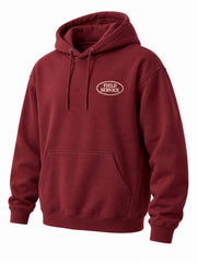Front three-quarter view of the Field Service burgundy embroidered hoodie
