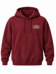 Front view of the Field Service burgundy embroidered hoodie with cream oval FIELD SERVICE embroidered badge on the left chest