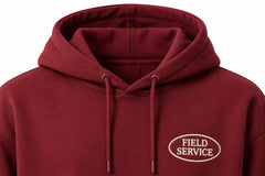 Close-up of the hood and neckline of the Field Service burgundy embroidered hoodie