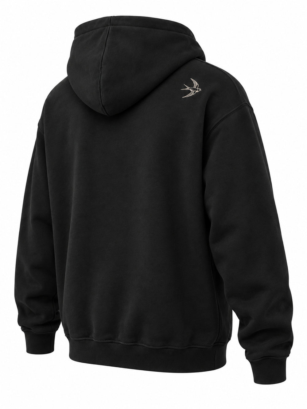 Rear three-quarter view of the Flight Line black embroidered hoodie