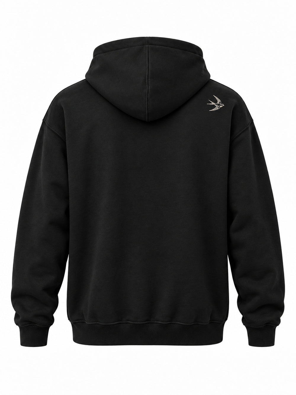 Back view of the Flight Line black embroidered hoodie with one small embroidered swallow at the shoulder