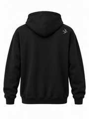 Back view of the Flight Line black embroidered hoodie with one small embroidered swallow at the shoulder