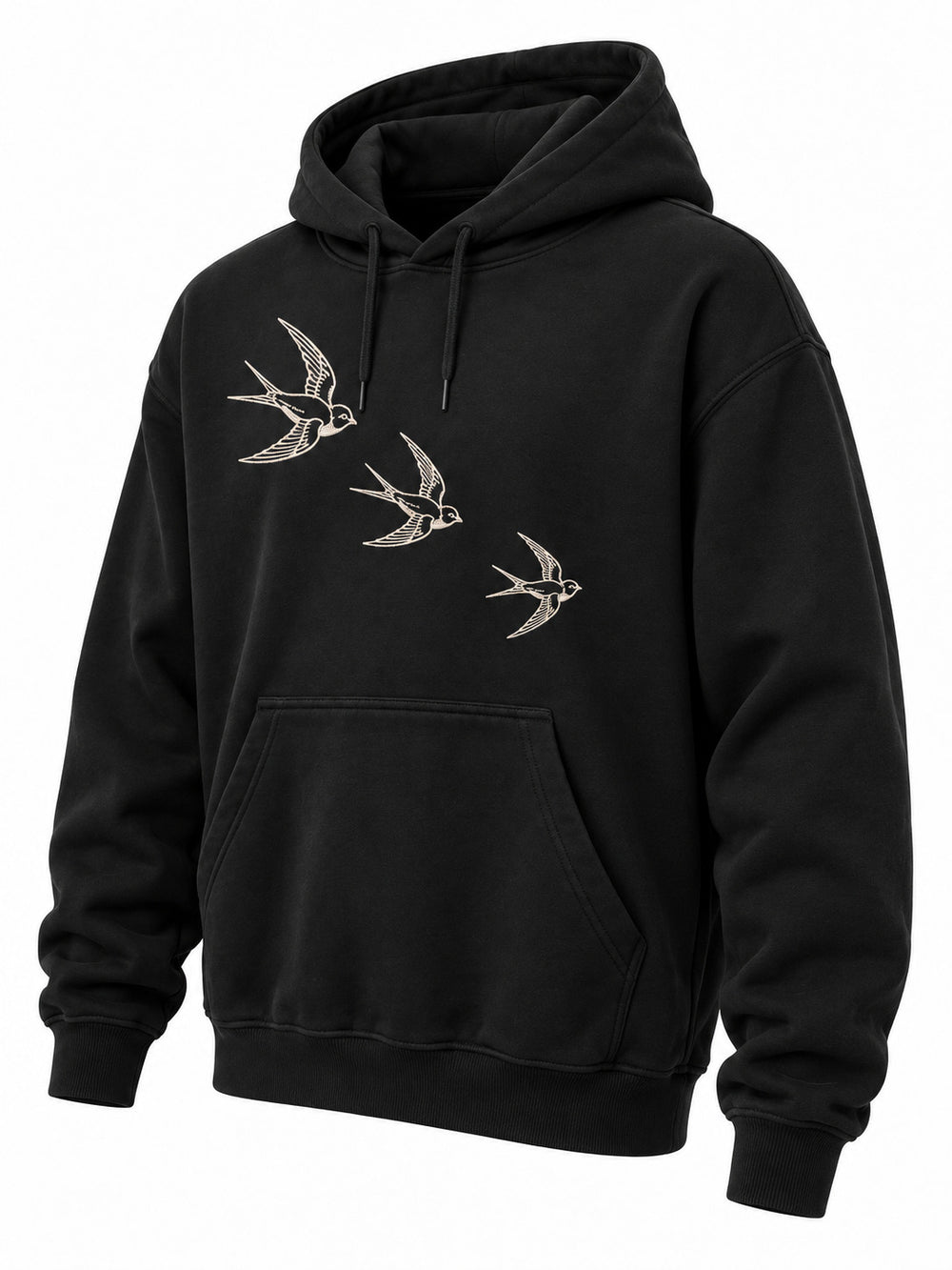 Front three-quarter view of the Flight Line black embroidered hoodie