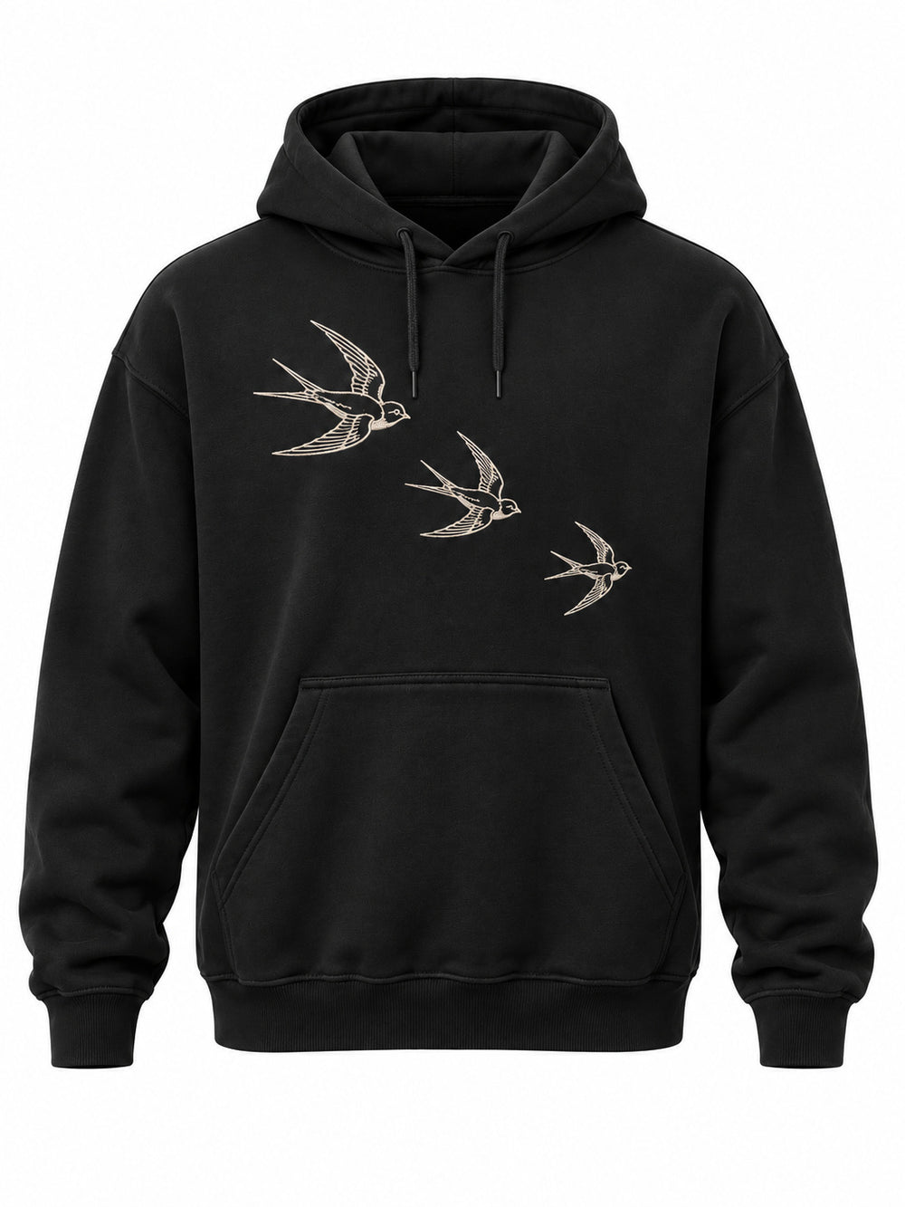Front view of the Flight Line black embroidered hoodie with three cream outline swallows embroidered diagonally across the upper chest
