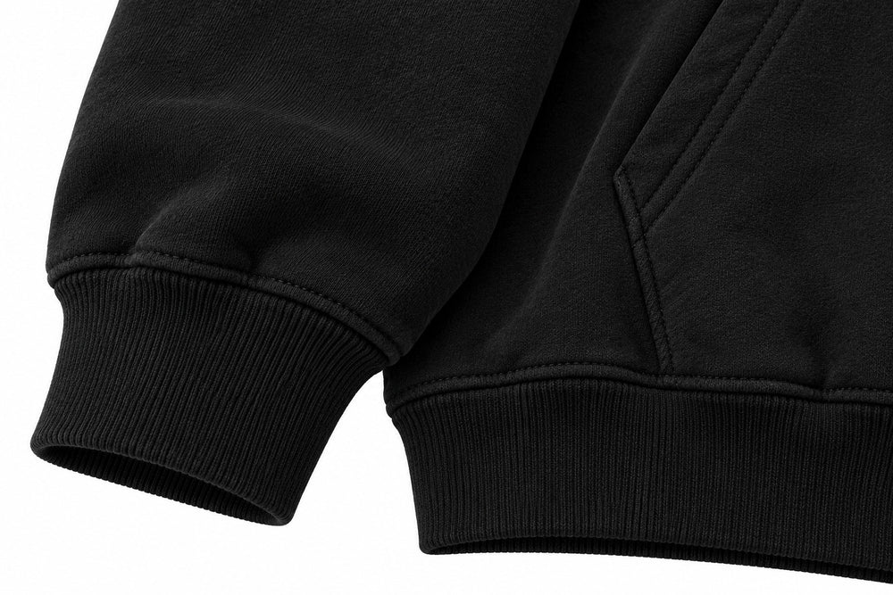 Close-up of the seam stitching of the Flight Line black embroidered hoodie