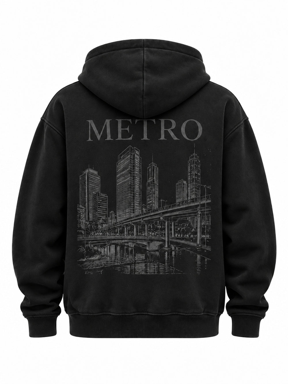Back view of the Metro Zip black embroidered zip-up hoodie with large muted gray architectural line print with METRO below the hood
