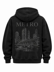 Back view of the Metro Zip black embroidered zip-up hoodie with large muted gray architectural line print with METRO below the hood