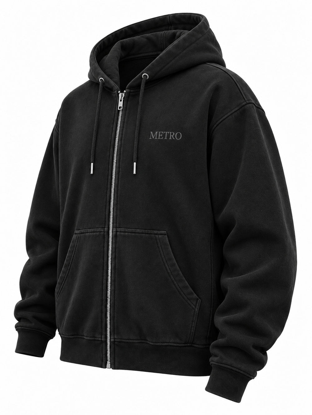 Front three-quarter view of the Metro Zip black embroidered zip-up hoodie