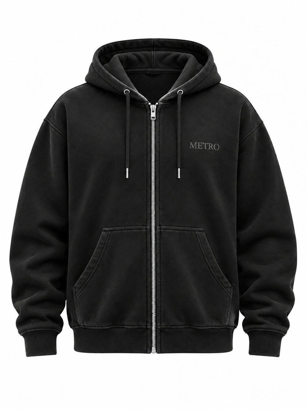 Front view of the Metro Zip black embroidered zip-up hoodie with small tonal gray METRO embroidery on the left chest