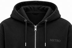 Close-up of the hood and neckline of the Metro Zip black embroidered zip-up hoodie