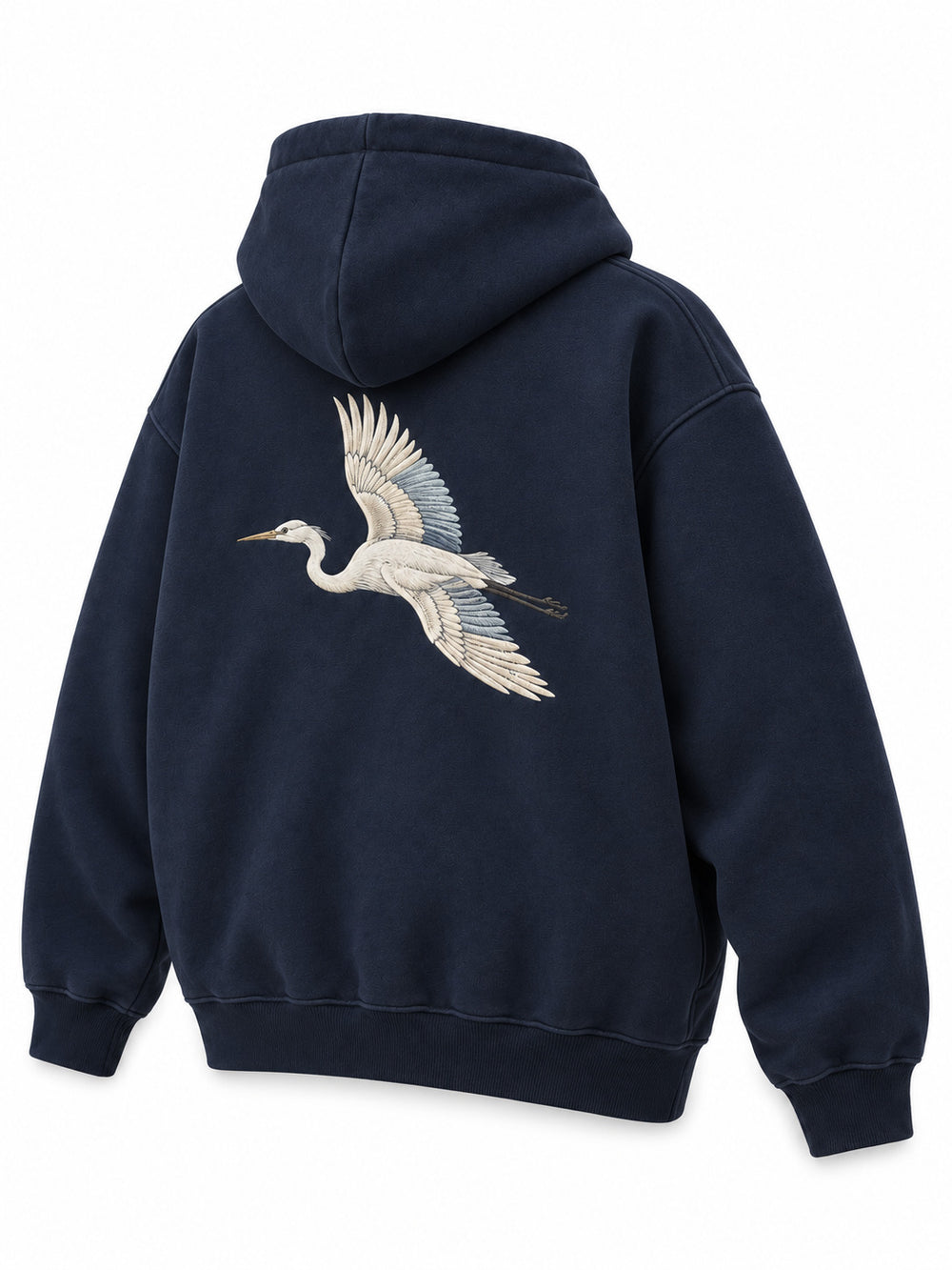 Rear three-quarter view of the Night Heron ink navy embroidered oversized hoodie