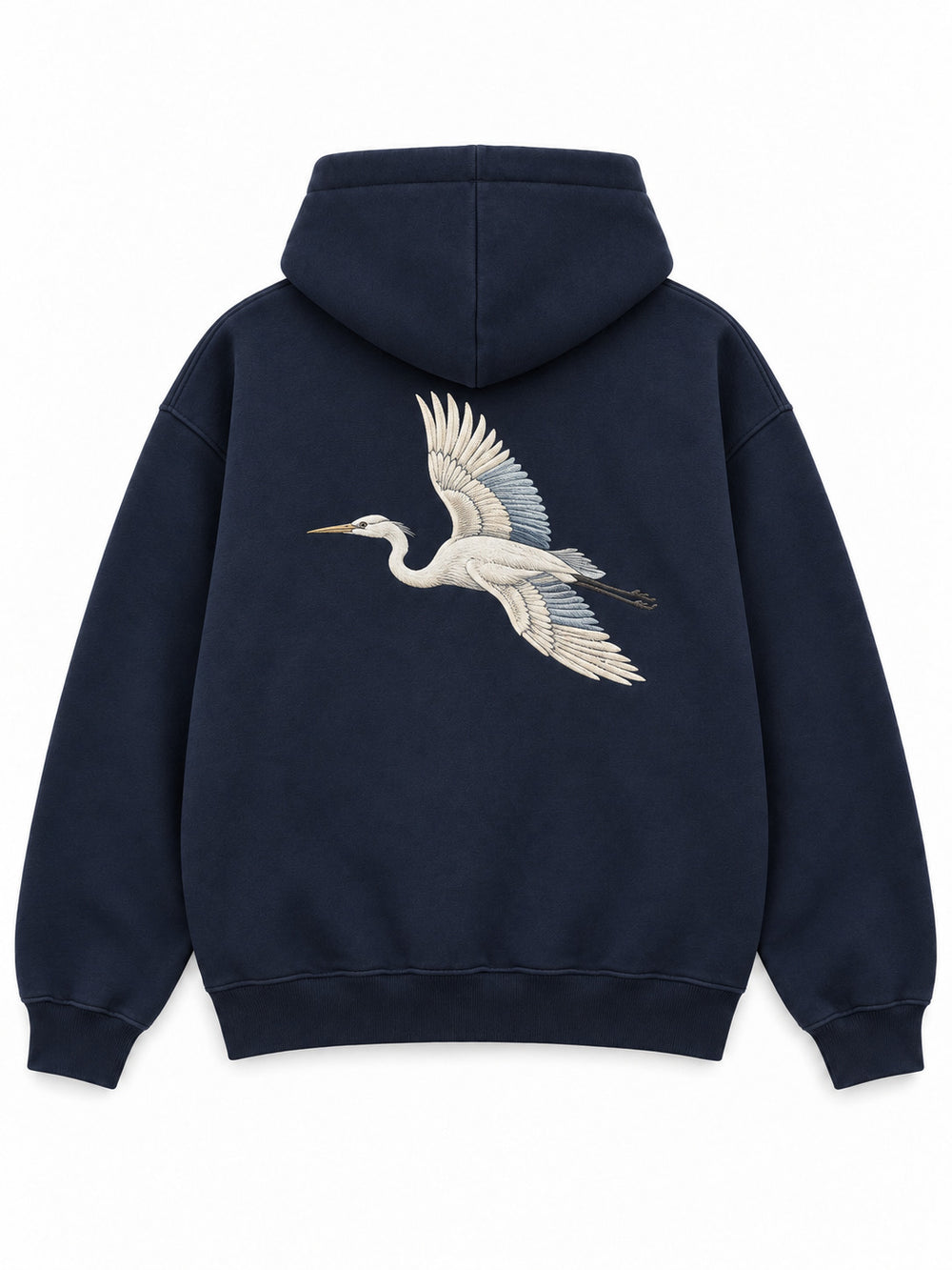 Back view of the Night Heron ink navy embroidered oversized hoodie with a large ivory heron in flight