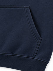 Close-up of the seam stitching of the Night Heron ink navy embroidered oversized hoodie