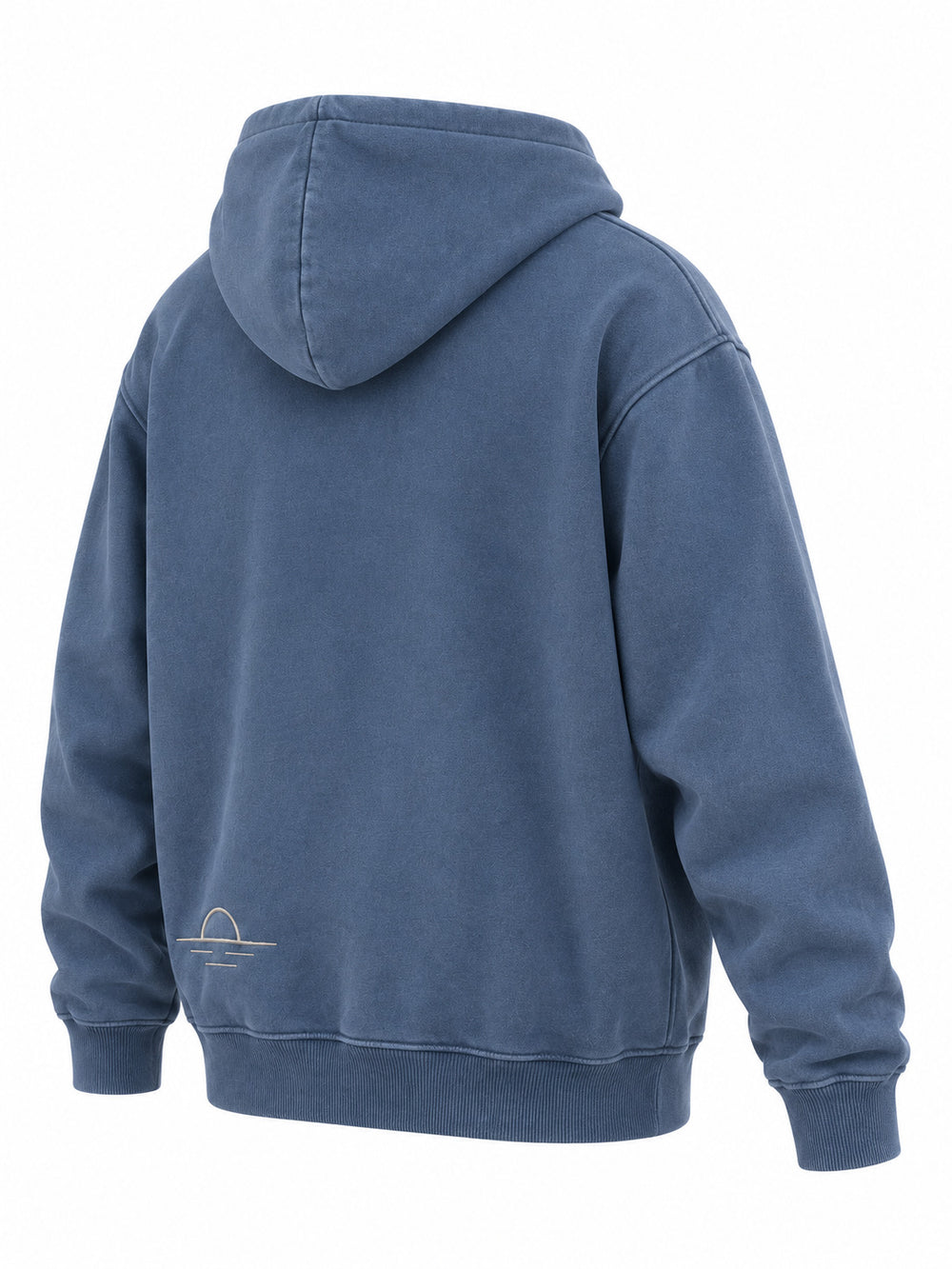 Rear three-quarter view of the Ocean Mark washed blue embroidered hoodie