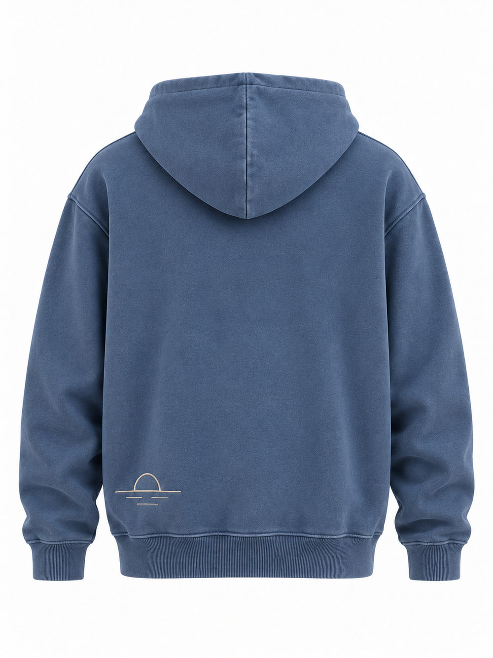Back view of the Ocean Mark washed blue embroidered hoodie with small cream horizon embroidered low on the left side