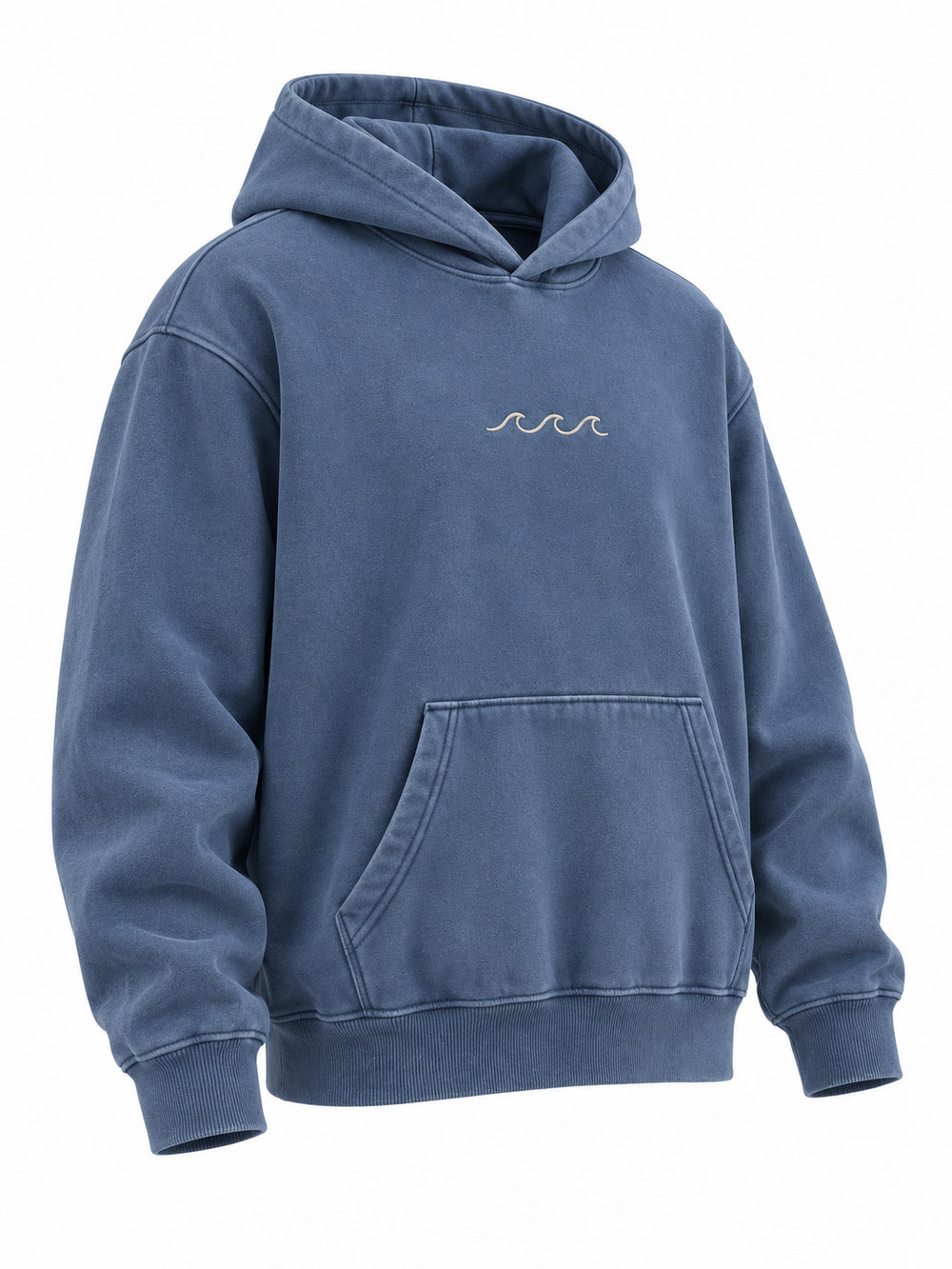 Front three-quarter view of the Ocean Mark washed blue embroidered hoodie