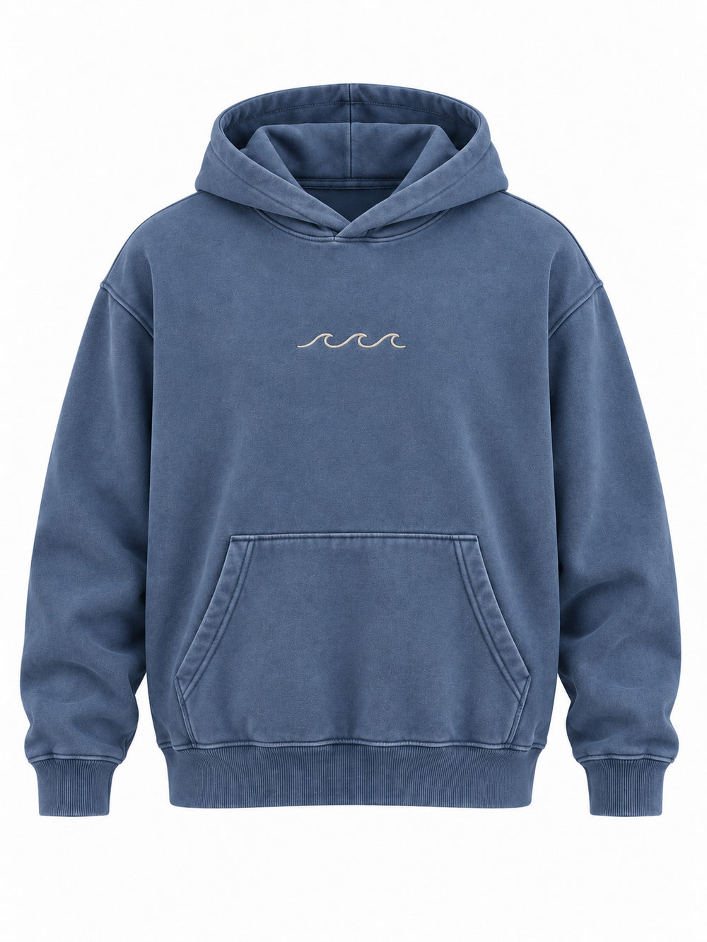 Front view of the Ocean Mark washed blue embroidered hoodie with three small cream satin-stitch waves at the center chest
