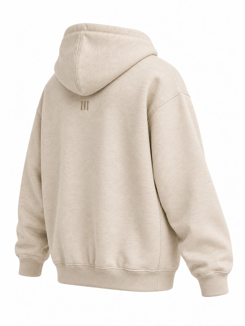 Rear three-quarter view of the Quiet Form oatmeal embroidered oversized hoodie